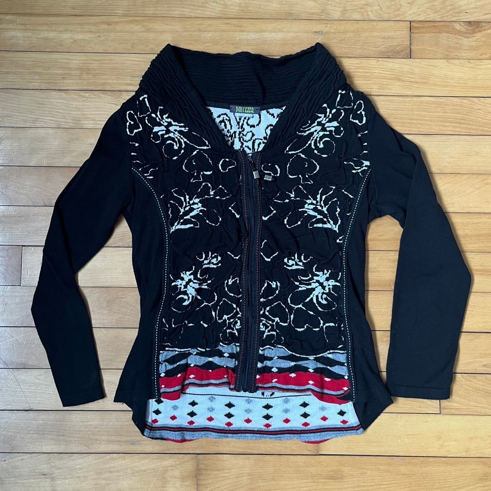 Dolcezza Black Floral Textured Zip Up Jacket Shawl Collar Mixed Media Print L
